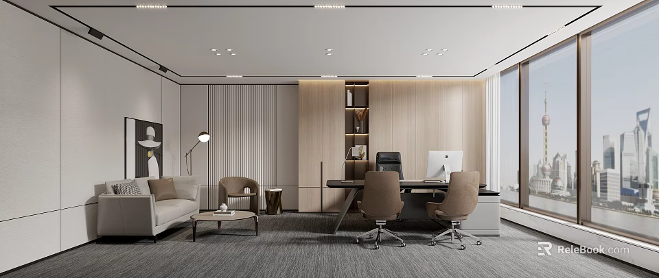 Modern Office Interior Design With White Sofa Desk Computer Brown Chairs And Bookshelf 3d model
