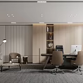 Modern Office Interior Design With White Sofa Desk Computer Brown Chairs And Bookshelf 3d model