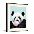 Framed Animal Painting of Cute Panda with Pink Bubblegum on Light Green Background