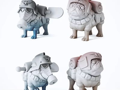 Dog Shaped Plush Toys with Military Helmets Backpacks in Blue Gray and Brown Colors 3d model