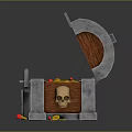 Open Wooden Treasure Chest With Metal Lock And Scattered Gold Coins Inside