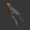 Red Parrot With Vibrant Red And Blue Feathers Perched On Wooden Branch