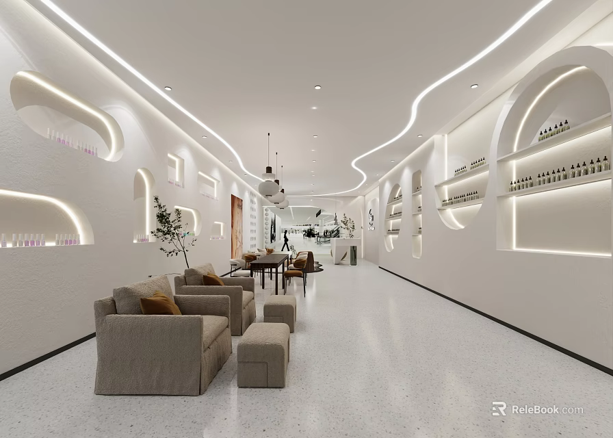 Modern Beauty Salon Interior With Bright Lighting Comfortable Seating And Product Shelves 3d model 