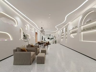 Modern Beauty Salon Interior With Bright Lighting Comfortable Seating And Product Shelves 3d model