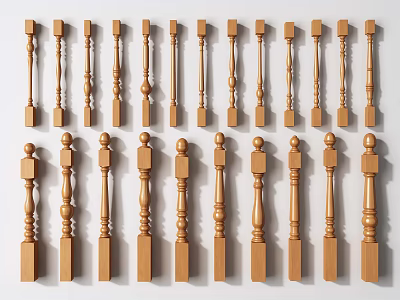 Decorative Wooden Balusters Showcasing Various Ornate Designs And Styles For Railings 3d model