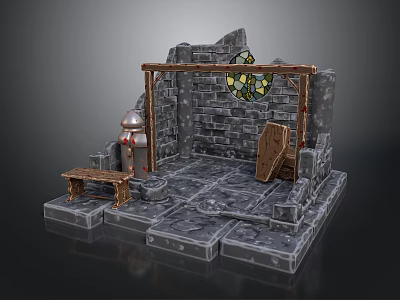 Scenic Medieval Setting with Stone Walls Stained Glass Window Wooden Bench and Metal Container 3d model