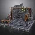 Scenic Medieval Setting with Stone Walls Stained Glass Window Wooden Bench and Metal Container