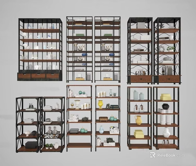 Modern Metal Frame Shelving Units with Wooden Shelves for Home Organization Storage 3d model 