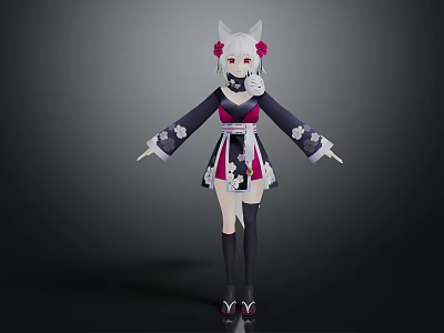 Game Anime Character With White Hair Cat Ears Red Eyes And Floral Kimono Dress 3d model