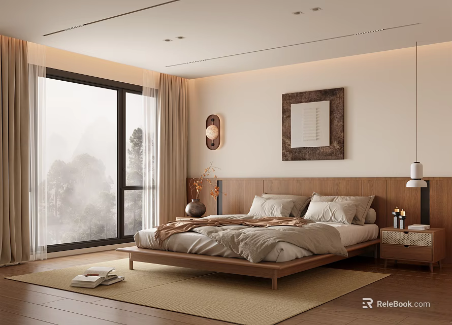 Modern Minimalist Bedroom Interior With Wooden Bed Frame Nightstand And Large Window View 3d model 