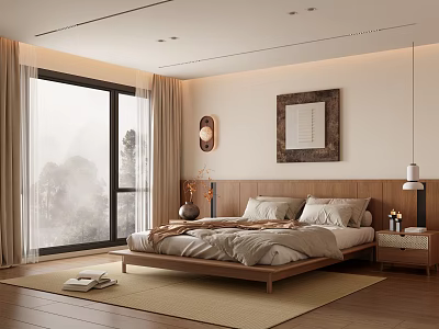 Modern Minimalist Bedroom Interior With Wooden Bed Frame Nightstand And Large Window View 3d model