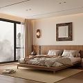 Modern Minimalist Bedroom Interior With Wooden Bed Frame Nightstand And Large Window View