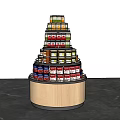 Modern Circular Multi Tiered Display Shelf With Wooden Base Displaying Canned Goods