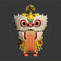 Traditional Chinese Lion Dance Figurine with White Head Red Gold Body and Decorative Scroll