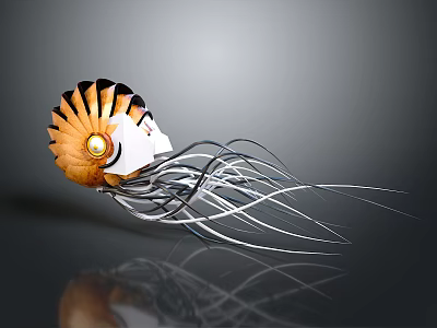 Nautilus With Orange And White Spiral Shell And Silver Tentacles On Dark Background 3d model