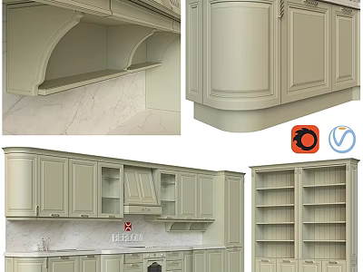 Elegant Light Colored Kitchen Cabinets With Doors Drawers And Open Shelves 3d model