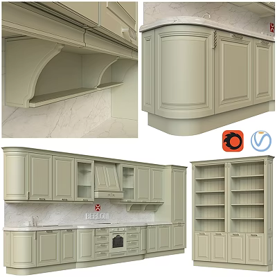 Elegant Light Colored Kitchen Cabinets With Doors Drawers And Open Shelves 3d model