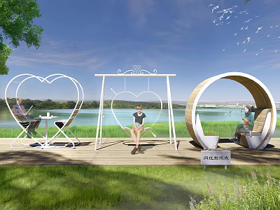 Heart Shaped Swing And Circular Design Outdoor Chairs In Scenic Lawn Lake View Setting 3d model