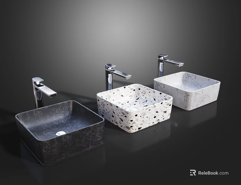 Three Modern Textured Washbasins With Chrome Faucets On Dark Background 3d model