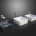 Three Modern Textured Washbasins With Chrome Faucets On Dark Background 3d model