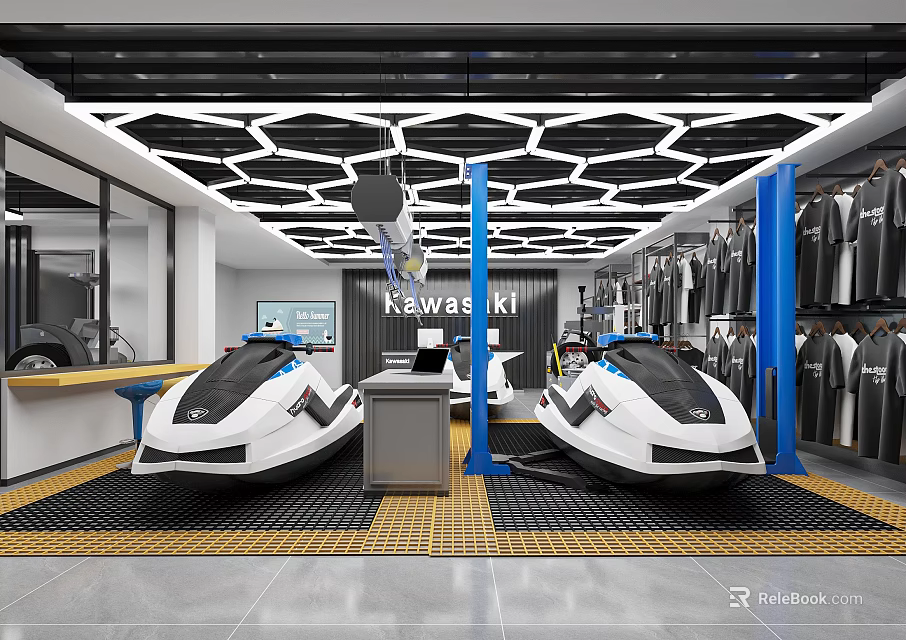Kawasaki Jet Skis Display In Showroom With Hexagonal Ceiling Lights Blue Pillars And Apparel Racks 3d model 