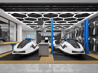 Kawasaki Jet Skis Display In Showroom With Hexagonal Ceiling Lights Blue Pillars And Apparel Racks 3d model