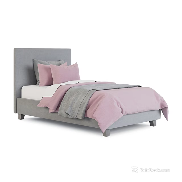 Cozy Kids Bed with Gray Headboard Pink and Gray Bedding Simple Modern Design 3d model 
