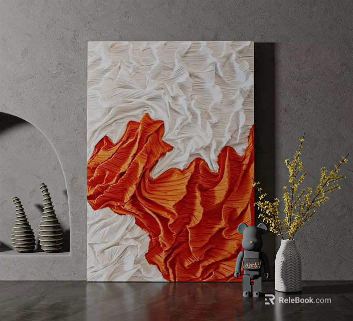 3D Textured Wall Art Featuring Red And White Wavy Patterns With Decorative Items 3d model