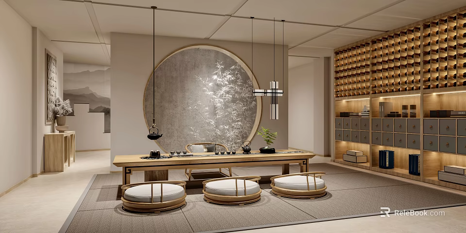Tea Room Interior With Round Decorative Wall Hanging Lamps Wooden Tea Table And Round Cushions 3d model 