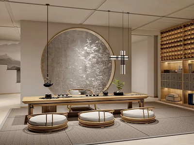 Tea Room Interior With Round Decorative Wall Hanging Lamps Wooden Tea Table And Round Cushions 3d model