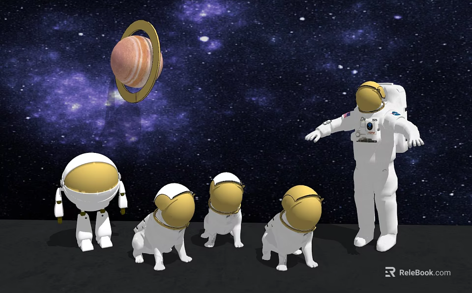 Decorative Astronaut Figurine Set With Saturn Model And Starry Space Background 3d model 