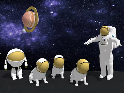 Decorative Astronaut Figurine Set With Saturn Model And Starry Space Background 3d model