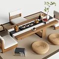 Natural Wooden Tea Table and Chairs with White Cushions Woven Stools Tea Set Green Plant