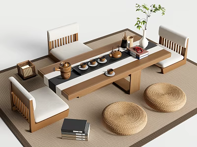 Natural Wooden Tea Table and Chairs with White Cushions Woven Stools Tea Set Green Plant 3d model