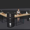 Industrial Tea Break Area With Wooden Table Black Barrel Supports Snacks Drinks And Woman Sitting