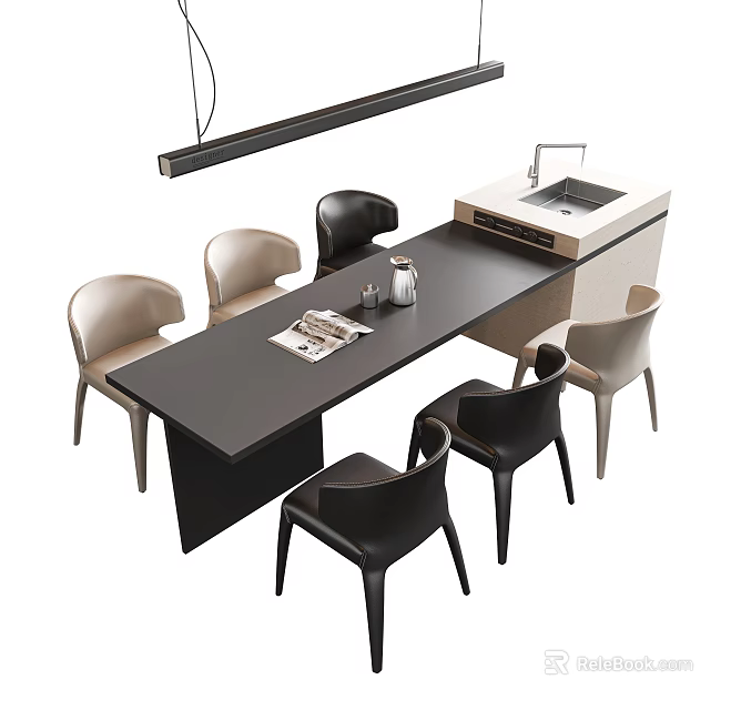 Modern Dining Table And Chairs Set With Black Beige Chairs Hanging Pendant Light And Magazines 3d model 