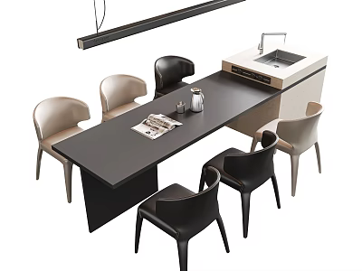 Modern Dining Table And Chairs Set With Black Beige Chairs Hanging Pendant Light And Magazines 3d model