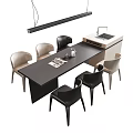 Modern Dining Table And Chairs Set With Black Beige Chairs Hanging Pendant Light And Magazines
