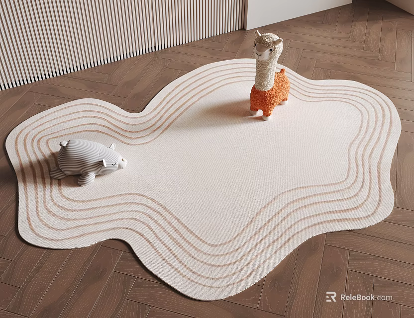 Knitted Wavy Shaped Rug with Neutral Tones and Toy Figurines on Wooden Floor 3d model 