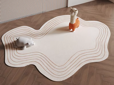 Knitted Wavy Shaped Rug with Neutral Tones and Toy Figurines on Wooden Floor 3d model