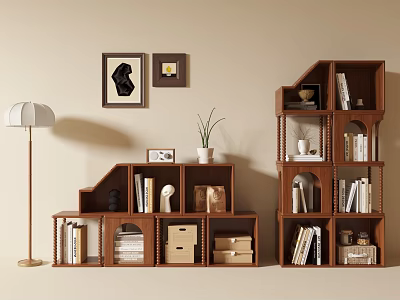 Wooden Decorative Cabinet With Multiple Shelves Holding Books Decorations Table Lamp And Photo Frames 3d model