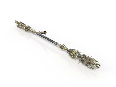 Ancient Ornate Metallic Weapon With Long Handle Intricate Carvings And Sharp Spikes 3d model