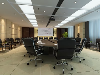 Modern Conference Room Interior With Large Conference Table Ergonomic Chairs Projector Screen And Ambient Lighting 3d model
