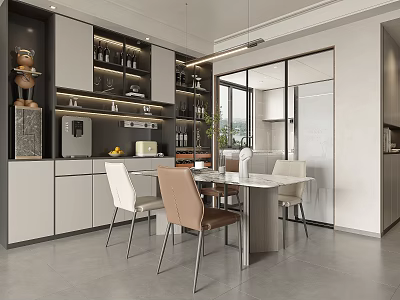 Modern Open Concept Restaurant Interior With Dining Table And Stylish Chairs 3d model