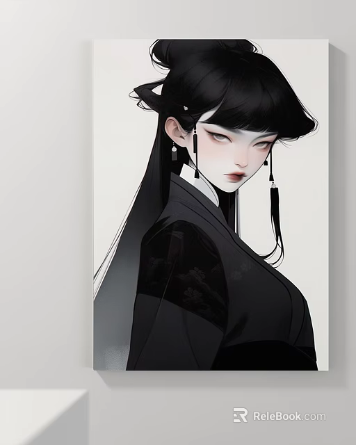 Artistic Traditional Female Figure Painting With Black Attire Long Hair And Hair Accessories 3d model 