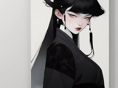 Artistic Traditional Female Figure Painting With Black Attire Long Hair And Hair Accessories 3d model