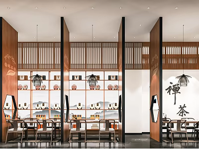 Traditional Chinese Teahouse Interior With Wooden Screens Tea Sets And Zen Decor 3d model