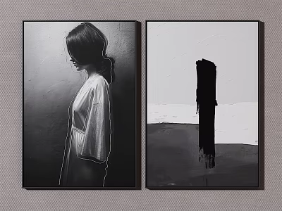 Two Piece Black and White Wall Art with Woman Back View and Seaside Silhouette 3d model