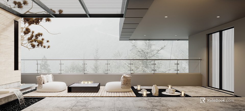 Modern Villa Balcony With Glass Railing Sofa Coffee Table Fireplace And Snow View 3d model 