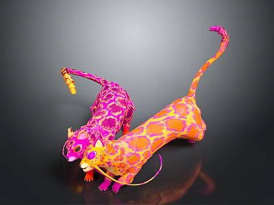 Two Colorful Patterned Feline Animals With Long Tails Interacting On Dark Background 3d model